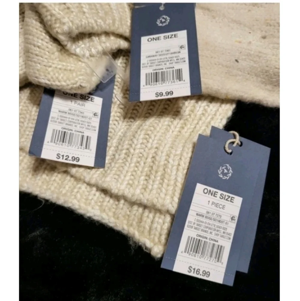 Scarf Mittens Headband 3 Piece Set Universal Thread Beige Cream Knit NWT $40